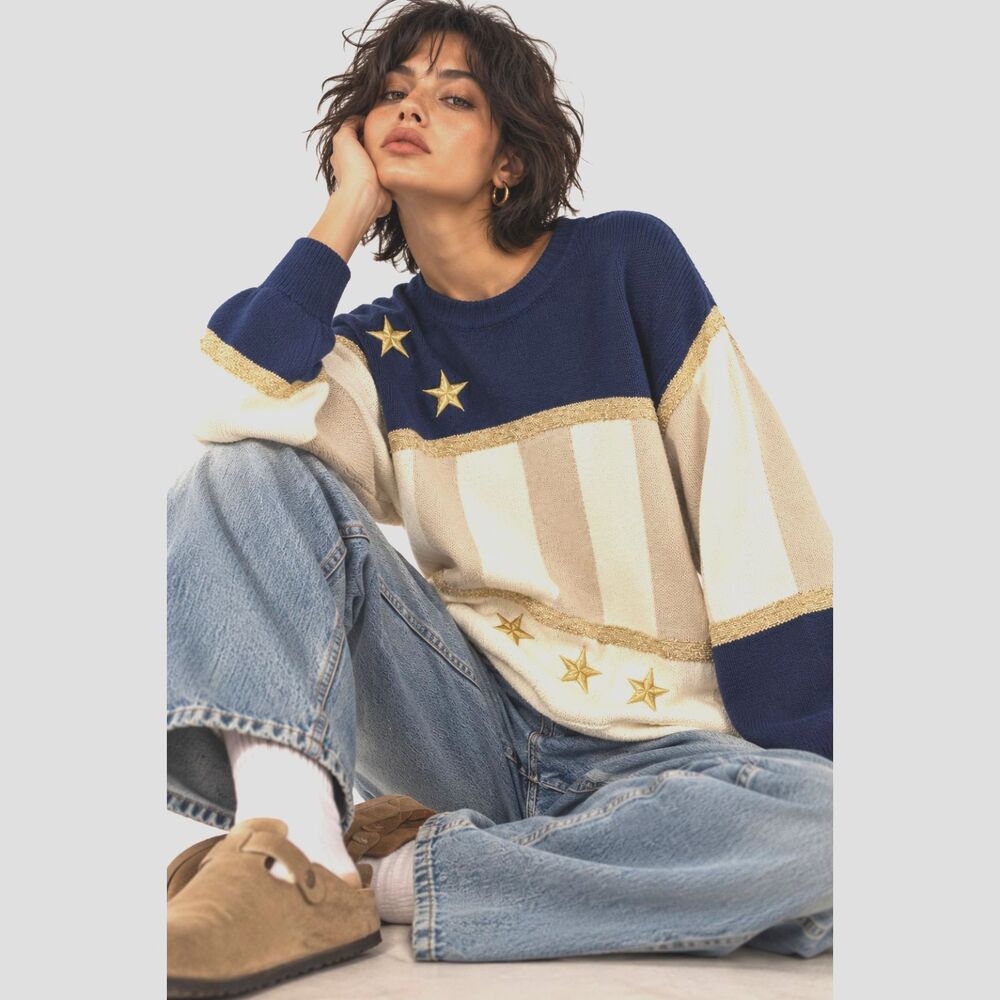 Vintage 90s Worthington Star Sweater Womens L Navy Cream Gold Metallic Knit